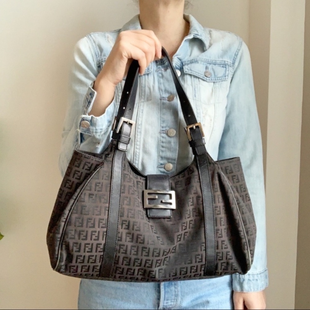🌹FENDI Zucchino Vtg Shoulder Bag Brown Logo Tote
